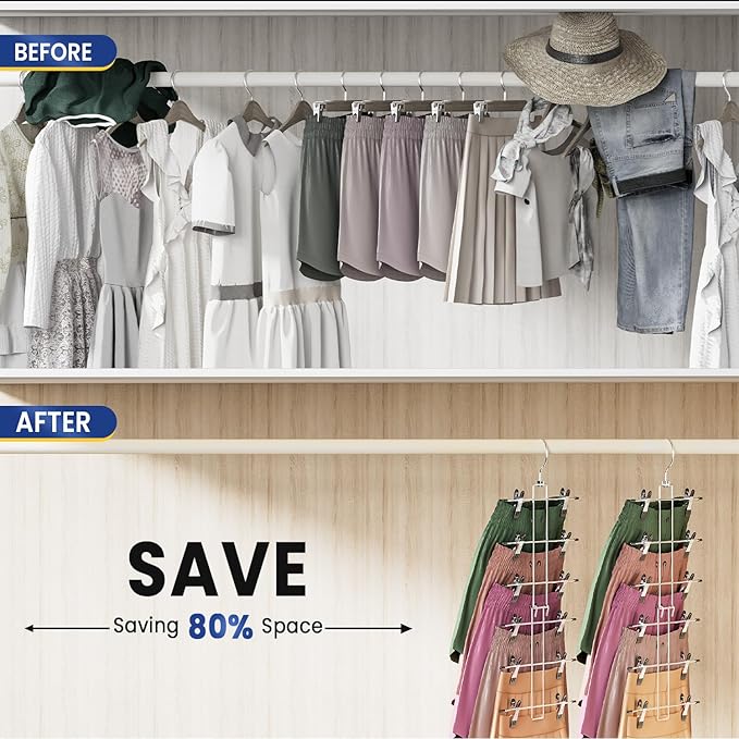 DAMITA Skirt Pants Hangers with Clips Space Saving Hanging Closet Organizer 6 Tiers Hanger with 360° Swivel Hook, Finger-Safe Design- College Dorm Room Apartment Essentials 1-Pack