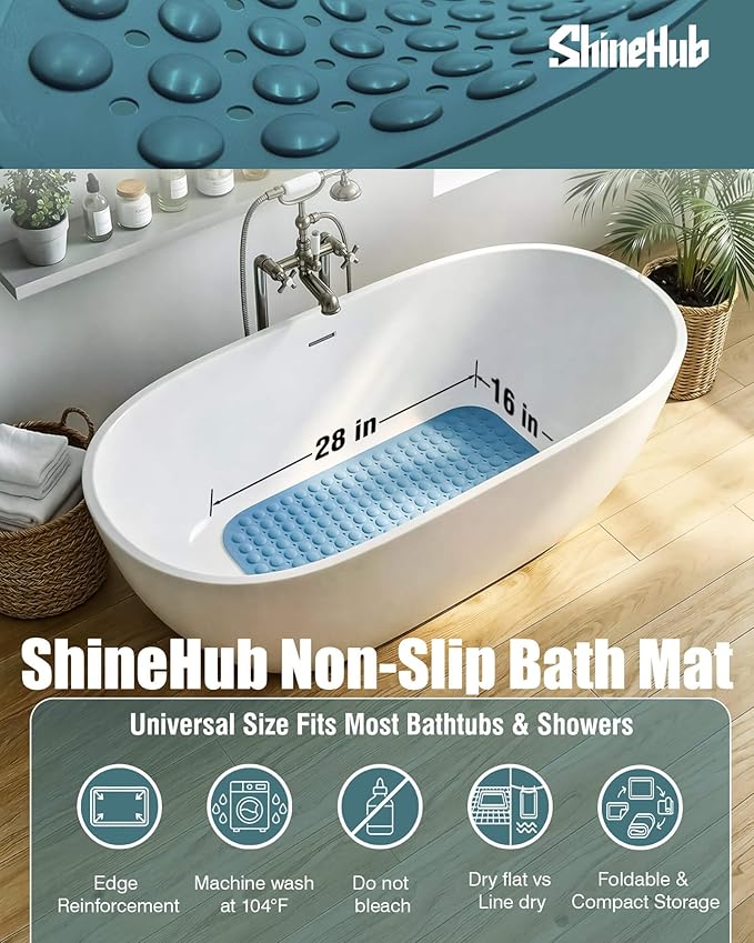 ShineHub Non-Slip Bath Mat for Tub Shower, TPE Machine Washable Bathroom Essentials with Suction Cups, Quick-Dry 28x16 Inch (Seashell Blue)