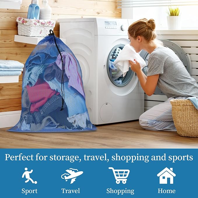 6PCS Blue Mesh Bag Drawstring, 23 x 35 Inch Net Bag with Lock, Multipurpose Storage Bags for Gym, Laundry, Balls, Beach and Toys