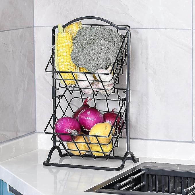 Wetheny 2 Tier Iron Fruit Basket Fruit Bowl for Kitchen Counter,Bread,Fruit and Vegetable Holder Storage Basket,Wire Hanging Basket stand for Kitchen Organizer, Matte Black