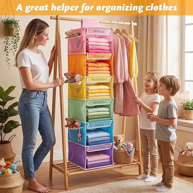 Colarr Hanging Closet Organizer and Storage, 6 Shelf Weekly Clothes Organizer Daily Clothing Organization Labeled Shelves with Days and Color Labels for Home School Clothing Storage