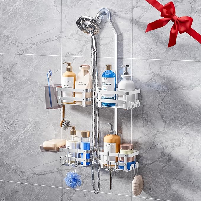 Aluminum Shower Caddy Hanging, Never Rust Shower Organizer- 4 Levels with adjustable Height 10 Hooks for Razor/Sponge - Rack with Soap Basket (Silver)