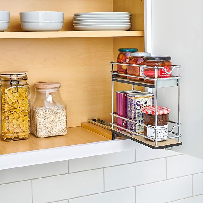 Rev-A-Shelf 5" Pullout Organizer for Cabinets, Two-Tier & Single-Wide Upright Sliding Storage for Kitchen Shelf, 5WU2-5W1-1