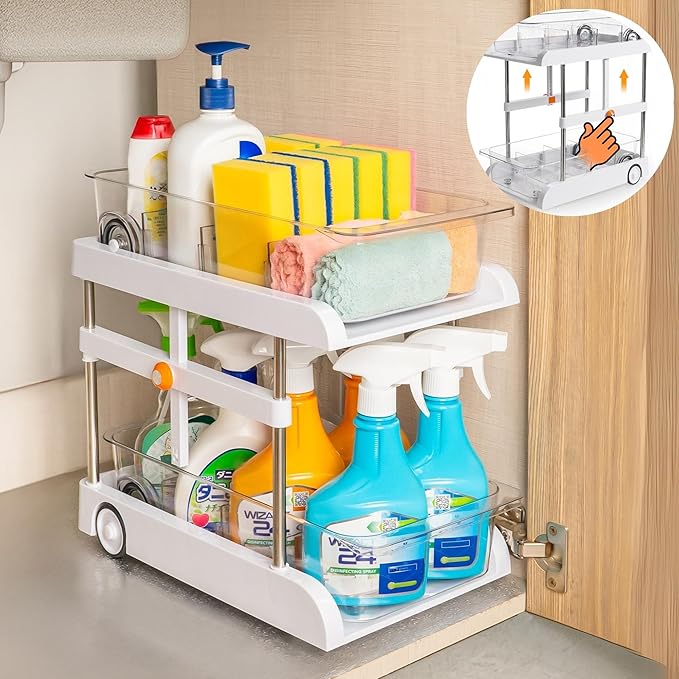 GAROOD All-in-One Multipurpose Sink and Height Adjustable Bathroom Cabinet Organizer with Pull Out Drawers, Spice Rack drawer, Sink Sponge Holder, Makeup Organizers, and under sink organizer - 1 pack