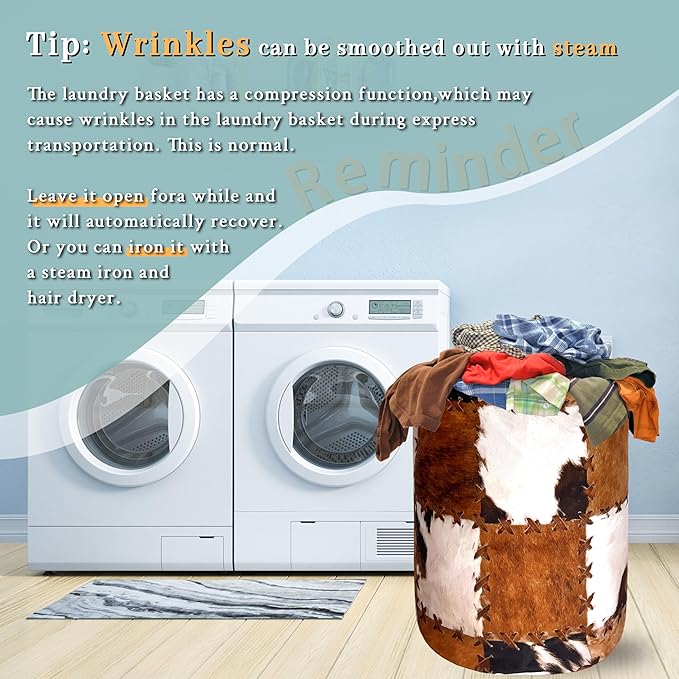Retro Cows Print Laundry Basket Cow Cowhide Brown Funny Laundry Hamper Foldable Oxford Cloth Animal Tote Bag Clothe Toy Storage Bucket 18.9"x16.5"For Bathroom/Laundry Storage/Bedroom