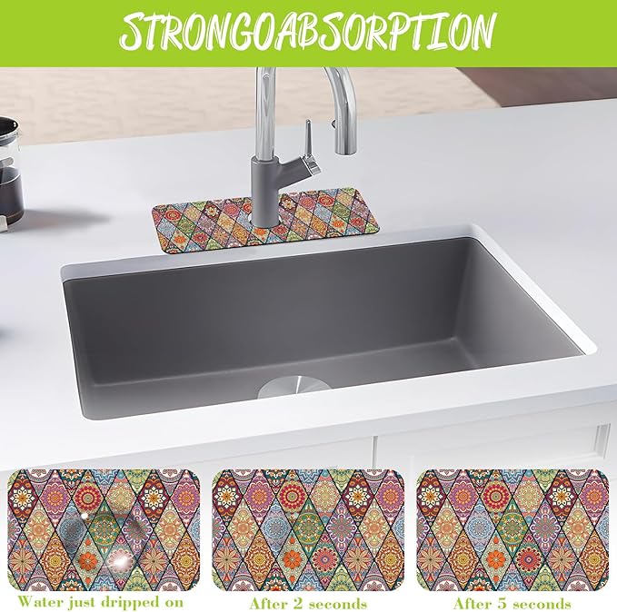 Sink Faucet Absorbing Mat Bohemian Textile Rug Texture Sink Splash Guard Drying Mat for Kitchen Bathroom Faucet Sinkmat 15.5"X5.5"
