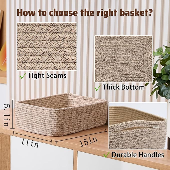 Large Shallow Organizing Baskets 15x11x5.1 Inches - Rope Woven Storage Bins for Bathroom, Shelves, Cube Closet, Mixed Brown 4 Packs