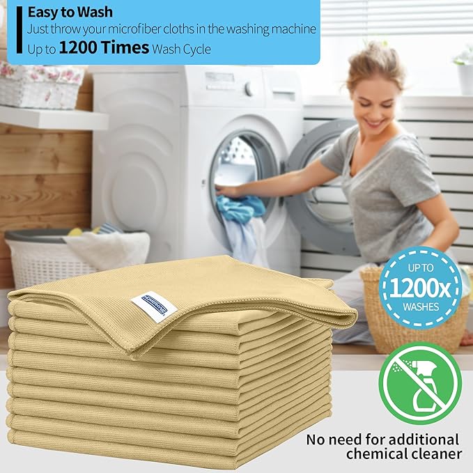 HOMERHYME Microfiber Cleaning Cloth - 10 Pack Glasses Cleaning Cloth, 16" x 14" Window Cleaning Rags, Streak Free Lint Free Polishing Cloths Wipes for Eye Glass, Stainless Steel, Windshield, Beige