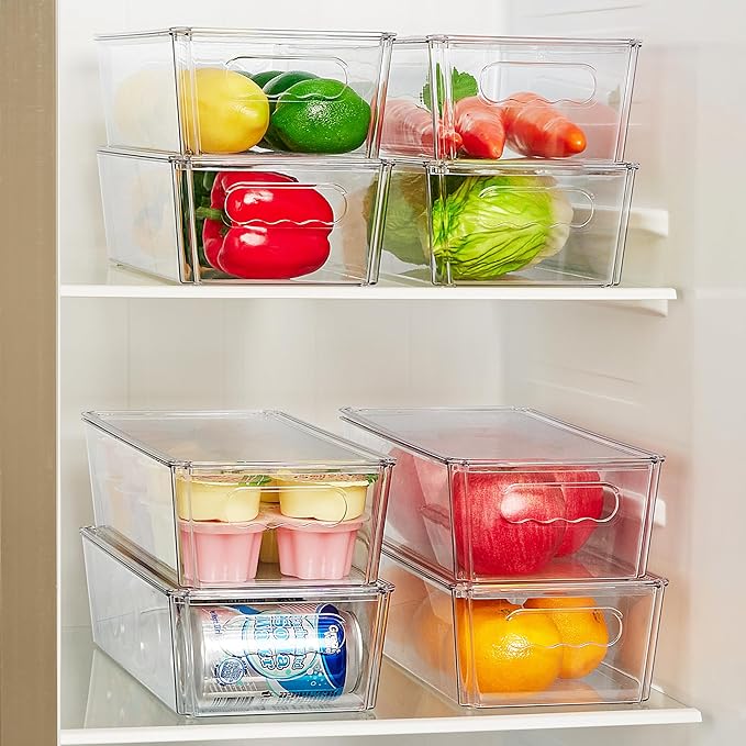 Vtopmart 2pcs Clear Organizers and Storage Bins with Lids, Stackable Plastic Storage Containers with Handles for Fridge, Freezer, Pantry, Cabinet, Kitchen Organization