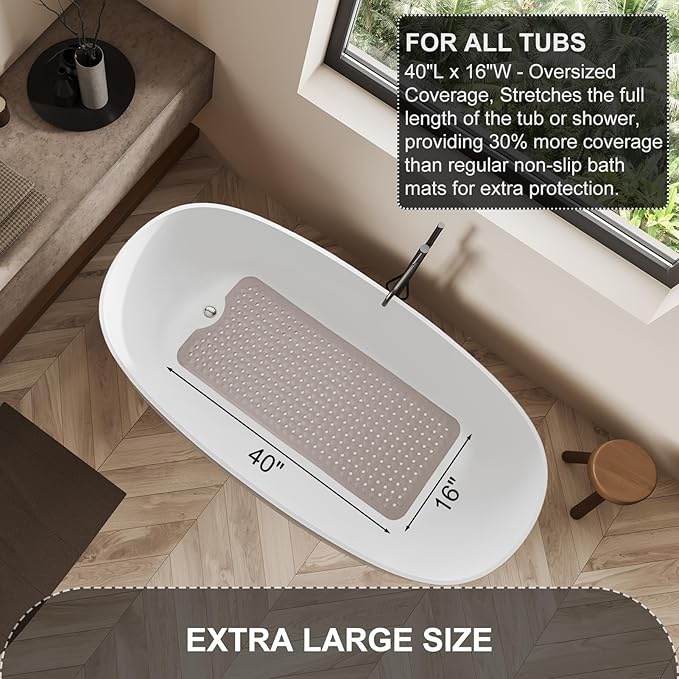 Bath Tub and Shower Mats, Non Slip 40 x 16 Inch Extra Long Bathtub Mat, Machine Washable Bathmat with Drain Holes, Suction Cups for Bathroom Floor, Tan