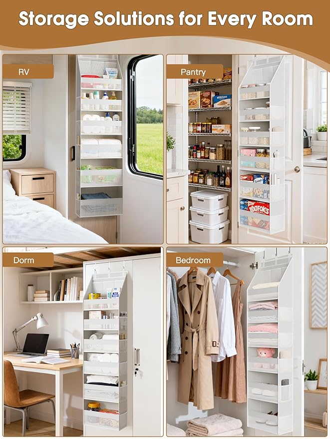 Criusia 2 Pack Over the Door Organizer, Heavy-Duty 6-Shelf Hanging Storage with 13 Mesh Pockets, 55lbs Capacity Behind the Door Storage for Nursery, Bathroom, Bedroom, and Dorm, White