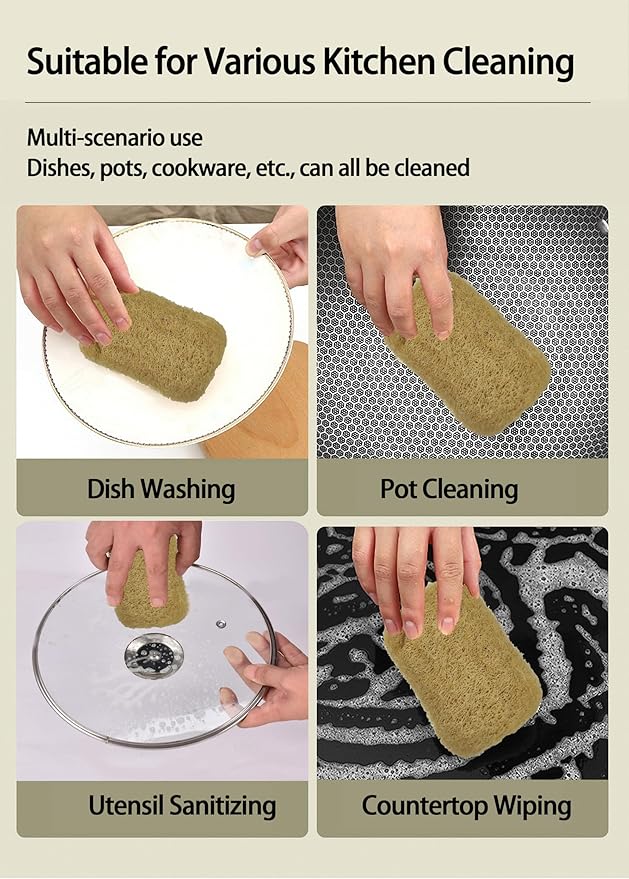 Eco-Friendly Natural Loofah Dish Scrubbers, Biodegradable & Zero Waste Kitchen Sponge, Reusable Non-Scratch Loofah for Kitchen, Bathroom & Household Cleaning, Unbleached Plant-Based Scrubber, 4-Pack
