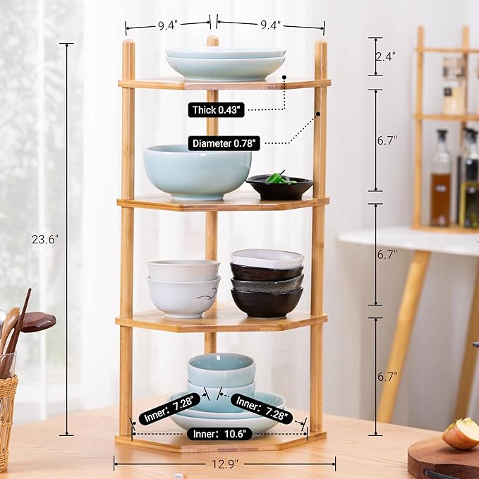 4 Tier Expandable Bamboo Corner Shelf - Dish/Plate Organizer for Cabinet, Kitchen Counter Shelf & Small Kitchen Shelf, Adjustable (1, 4Tier-6.7" H)