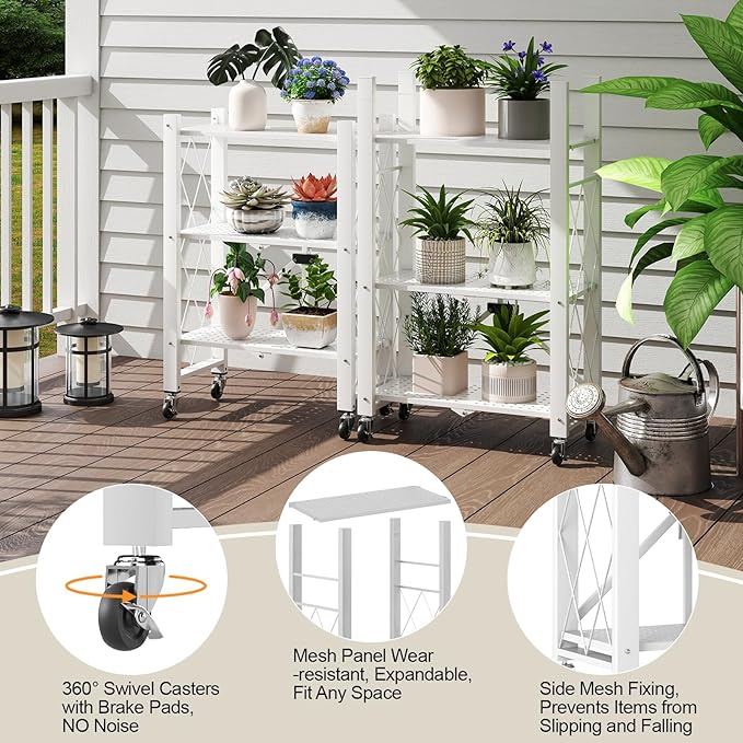 6-Tier Foldable Storage Shelves with Wheels, Folding Metal Shelf Unit, Folding Bookshelf no Assembly, Collapsible Shelves for Craft Shows for Kitchen, Bedroom, Living Room, White