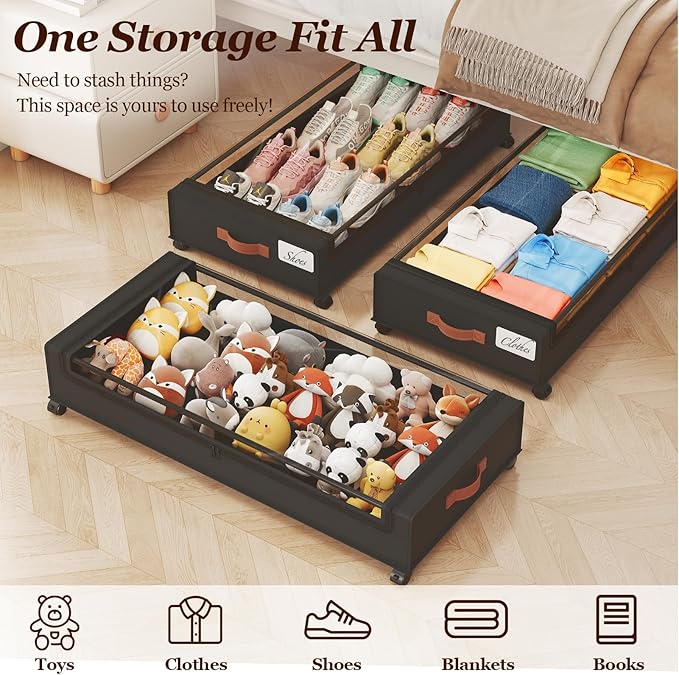 Yecaye 70L Under Bed Storage with Wheels, 3 Pack Larger Capacity Under Bed Storage Containers, Underbed Shoe Storage Organizer, Rolling Under Bed Metal Drawers for Clothes, Blankets, Black