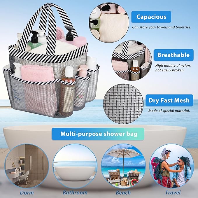 Attmu 2 Pack Mesh Shower Caddy Portable for College Dorm Room Essentials with 8 Pockets, Hanging Shower Caddy Dorm Basket, Quick Dry Shower Bag for Bathroom