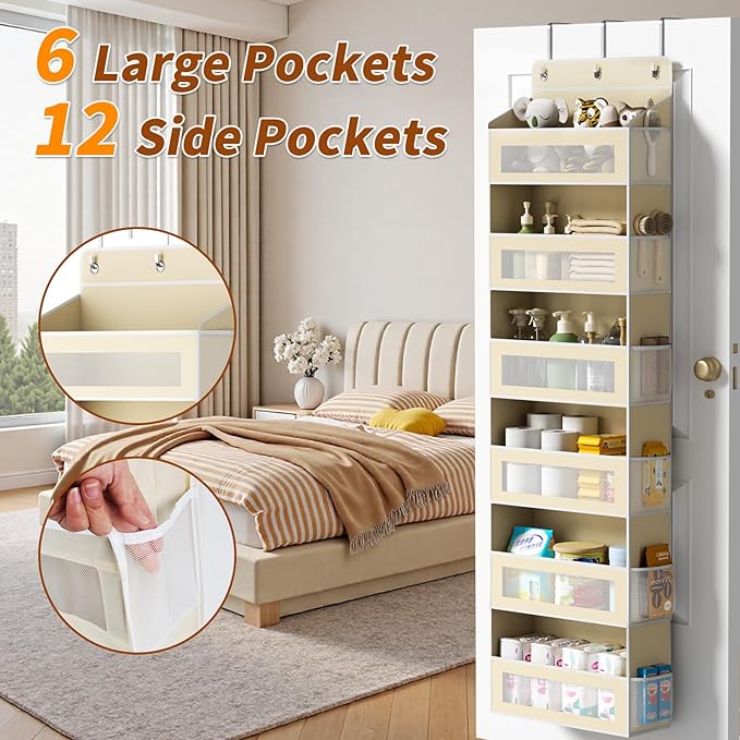 Over The Door Organizer with 6 Large Pockets, Over the Door Storage 12 Side Pockets, Hanging Door Organzier 44 lb Load Behind Door Storage Hanging Shelf for Closet Wall Bathroom Nursery, 6-Tier Beige