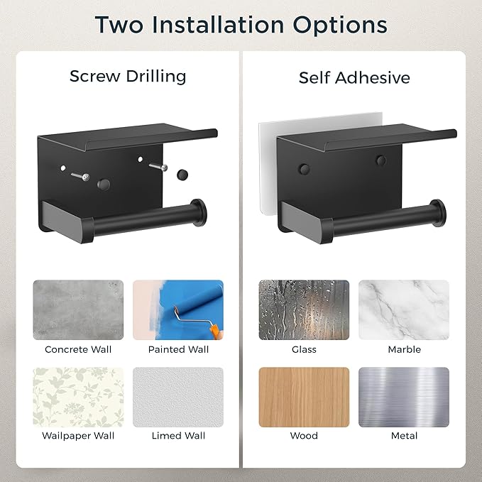FORIOUS Toilet Paper Holder with Shelf, Adhesive or Screw Wall Mount Toilet Paper Roll Holder for Bathroom, SUS 304 Stainless Steel Commercial Toilet Tissue Holder with Storage Dispenser, Matte Black