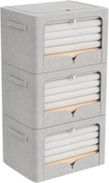 FHSQX 3 Pack Clothes Storage Bins Foldable Metal Frame Storage Box Extra Large Stackable Linen Fabric Organizer Set with Carrying Handles and Clear Window (Light Gray, 23.6x16.5x15.7inch(100L))