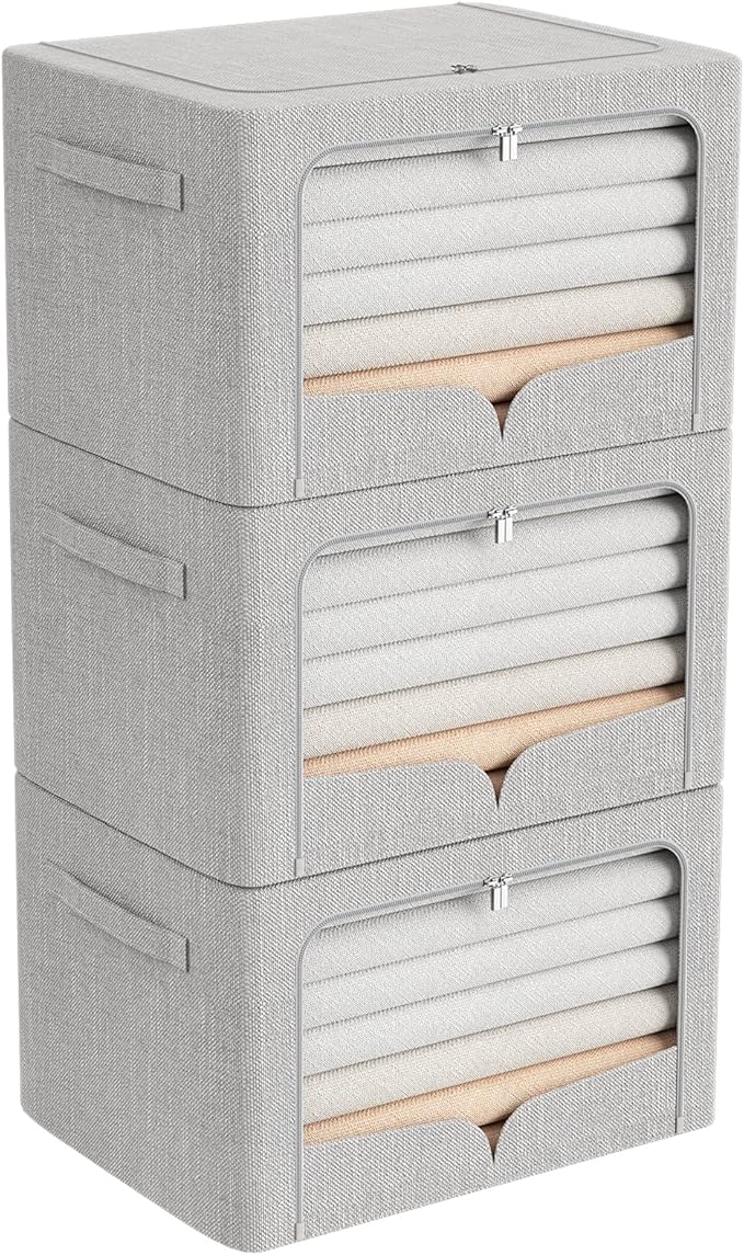 FHSQX 3 Pack Clothes Storage Bins Foldable Metal Frame Storage Box Extra Large Stackable Linen Fabric Organizer Set with Carrying Handles and Clear Window (Light Gray, 23.6x16.5x15.7inch(100L))