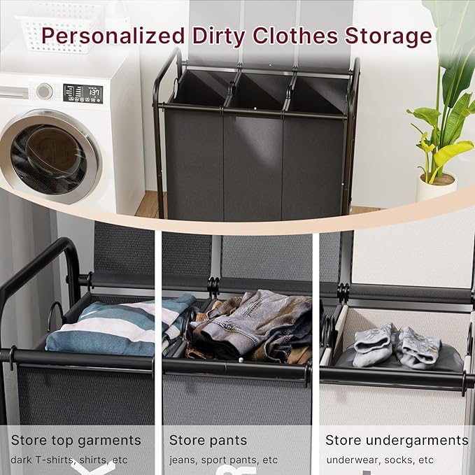 3-Compartment Laundry Cart with Lockable Wheels & Lid 180L Large Wheeled Laundry Basket Heavy-Duty Sorting Organizer for Laundry Room (Black)