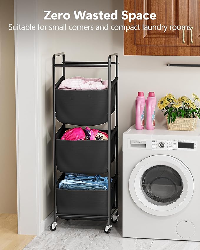 Moforoco Vertical Laundry Sorter 3 Section with Removable Bag, Laundry Hamper with Wheels, 120 L Rolling Laundry Baskets organizer for Bathroom, Apartment, Dorm Room, Black
