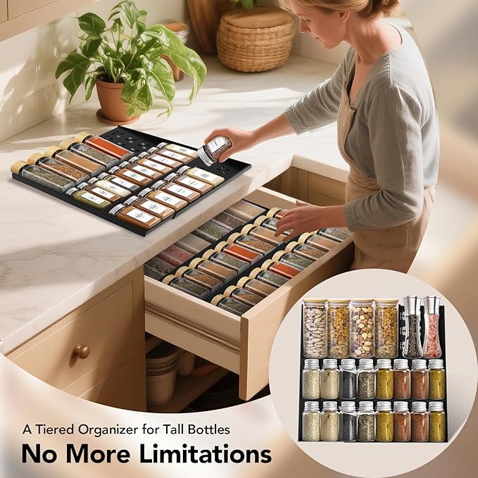2-Pack Expandable Spice Drawer Organizer (11"-22"), 3-Tier Angled Seasoning Rack for Kitchen, Sturdy Vented Insert with Labels & Funnel, Fits Standard & Biger Spice Jars (Jars Not Included) BK