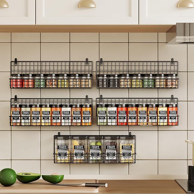 X-cosrack Spice Rack Organizer, 5-Tier Spice Rack for Wall, Stackable Hanging Spice Jars Storage Racks, Great for Kitchen and Pantry, Up to Storage 48 Jars(Patent No.:D909138S)