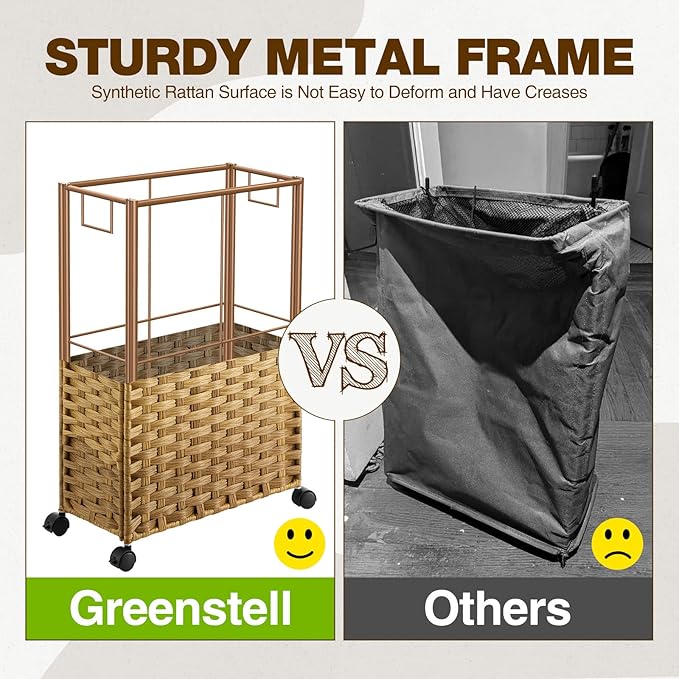 Greenstell Laundry Hamper with Wheels, 11.9 Gallon (45L) Small Clothes Hamper with 2 Removable Liner Bags & 2 Mesh Bags, Slim Rattan Laundry Basket for Bathroom, Bedroom, Natural