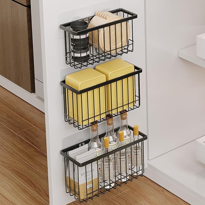 3 Pack Adhesive Cabinet Door Organizer, Lid Organizers Inside Cabinet Food Container/Tumbler Lid Organizer and Storage Cup Lids Holder for Kitchen & Bathroom Wall Mounted(Black)