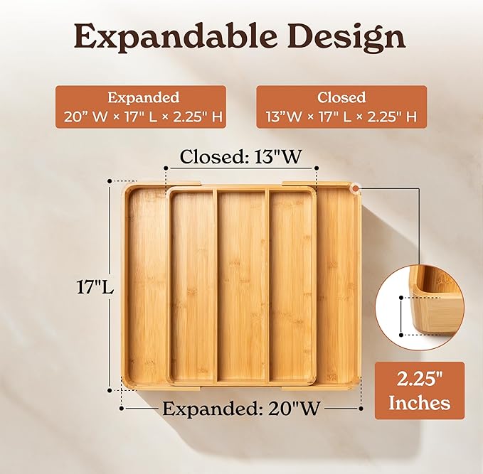SMIRLY Silverware Drawer Organizer – Bamboo Kitchen Drawer Organizer, Adjustable Utensil Holder and Cutlery Tray, Drawer Dividers for Flatware and Kitchen Utensils