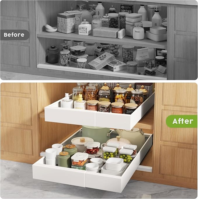4 Pack Pull Out Cabinet Organizers 21" Deep With Raising Pad for Framed Cabinets, Expandable Width (9"-14") Slide Out Drawers Upgrade 3 Slide Rails, Roll Out Shelves Adhesive, White