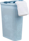 Mind Reader Slim Laundry Hamper with Lid, 40L Clothes Basket, Premium Wicker Design, Plastic, Baby Blue