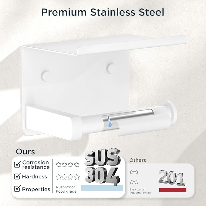 Toilet Paper Holder with Shelf, Adhesive or Screw Wall Mount Toilet Paper Roll Holder for Bathroom, Rustproof 304 Stainless Steel Toilet Roll Tissue Holder Dispenser with Phone Shelf (1, White)