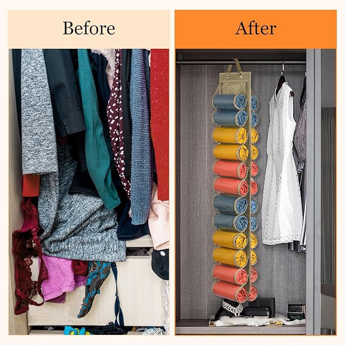 Lirex Scarf Storage Organizer with 24 Pockets, Yoga Legging Storage Organizer for Family Closet Bedroom, Light Coffee