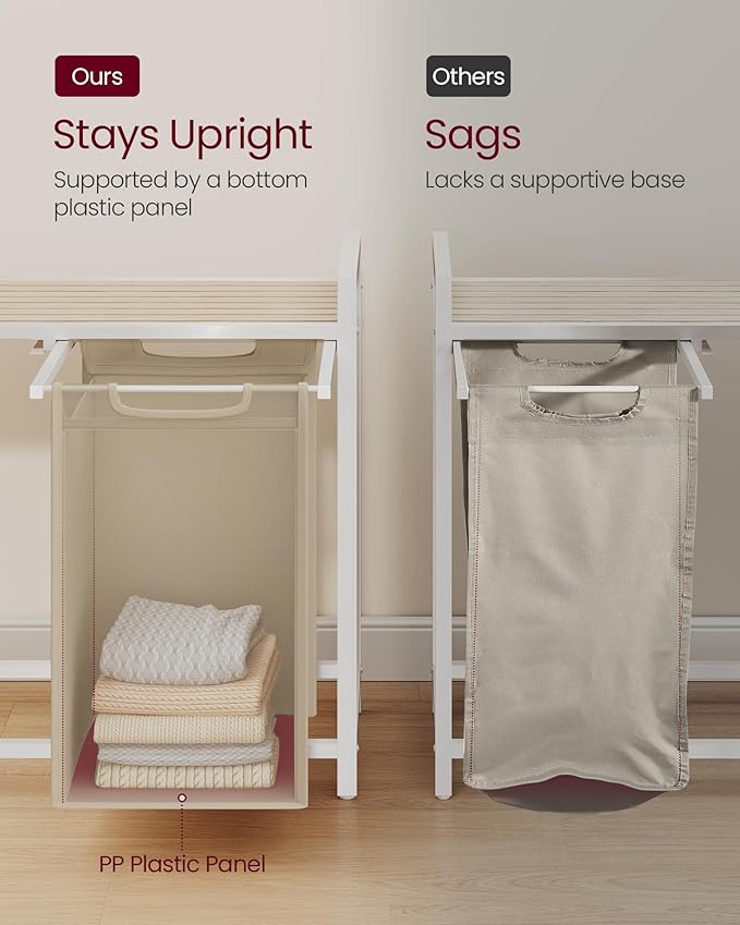 VASAGLE Laundry Hamper, Laundry Basket Sorter with 2 Pull-Out and Removable Bags, Shelf, Metal Frame, 2 x 12.1 Gallons (46 L), 28.8 x 13 x 28.4 Inches, Cappuccino Beige and Natural Beige UBLH201LH01