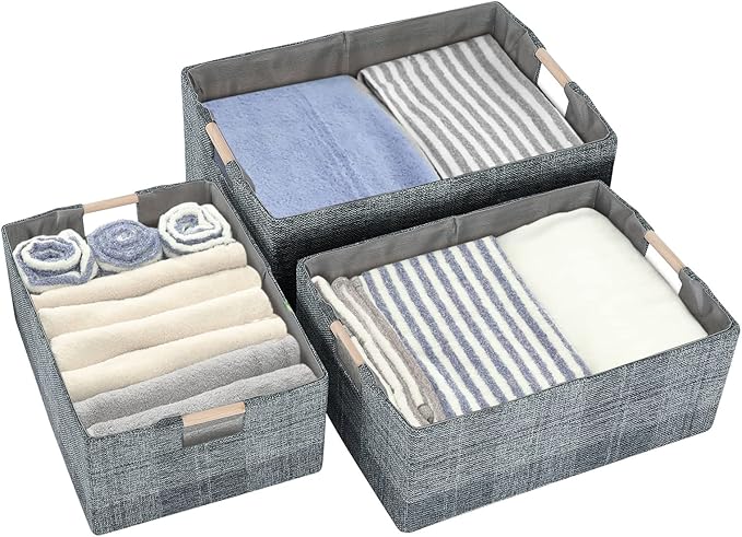 Fabric Storage Bin Box Collapsible Cotton Linen Storage Cube with Wooden Handles Rectangular Decorative Home Organizer Clothes Blanket Basket– Dark Gray Plaid, Small