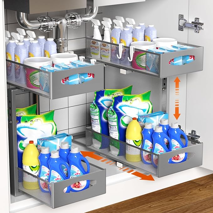 Housolution 2 Pack Under Sink Organizer, 2 Tier Metal Pull Out Under Sink Storage with Sliding Mesh Drawers, Height Adjustable Slide Out Under Sink Organizer for Kitchen Bathroom Cabinet, Gray