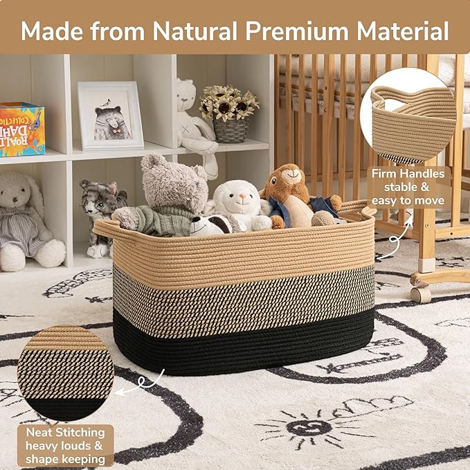 Goodpick Woven Blanket Basket, 21.6" x 14.9" x 11.8" Wicker Laundry Basket for Clothes, Storage Baskets for Organizing, Rectangle Rope Large Baskets for Storage, Black Jute