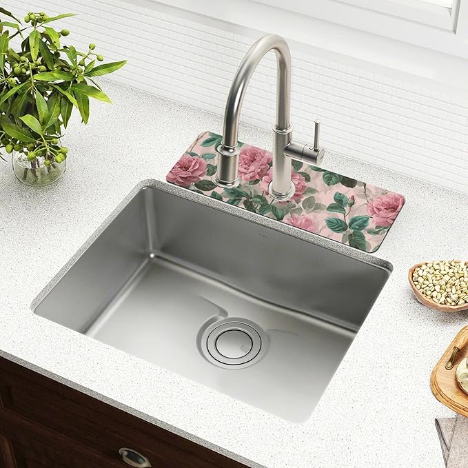 Kitchen Sink Splash Guard 1 PC 14.7 Inch Sink Faucet Mat Splash Guard for Bathroom Countertop Water Absorbent Foldable Cuttable Soft Washable Pink Vintage Roses with Leaves