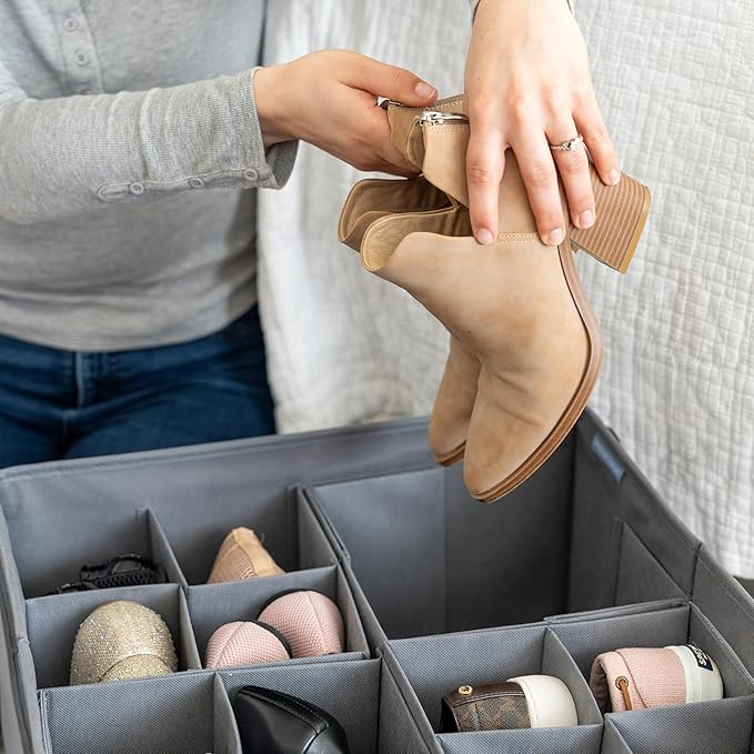 OrganiHaus Shoe Organizer for Closet and Entryway, Fits up to 16 Pairs, Large Shoe Storage Box, Collapsible Shoes Storage Bin, Shoes Container w/Reinforced Handles and Clear Cover - Gray