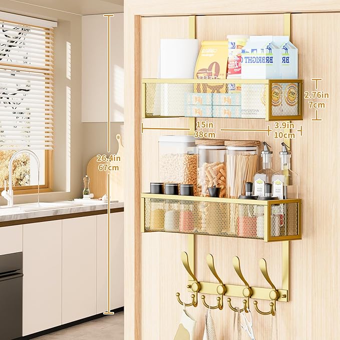 Kaiferty Over The Door Hooks Organizer,Coat Rack with 12 Hooks and 2 Mesh Baskets,Back of Door Storage Organizer for Bathroom,Bedroom,Kitchen,Office (Gold)