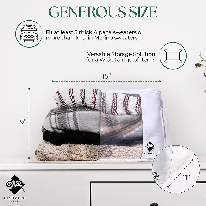 Cashmere Sweater Storage Bags | with Moth Protection Cedar | Breathable & Washable Cotton Bag | Suitable For Sweaters, Merino Wool, Scarves and more