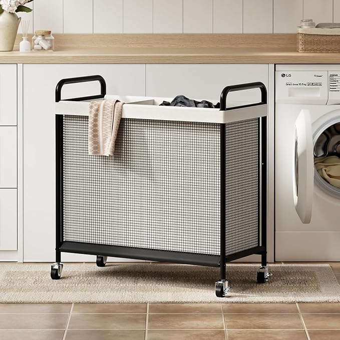 WOWLIVE Laundry Hamper 3 Section, 120L Rolling Laundry Basket with wheels and Removable Liner Bag, Laundry Sorter with Metal Handle, Large Clothes Hamper for Laundry Room, Bathroom and Dorm, Beige