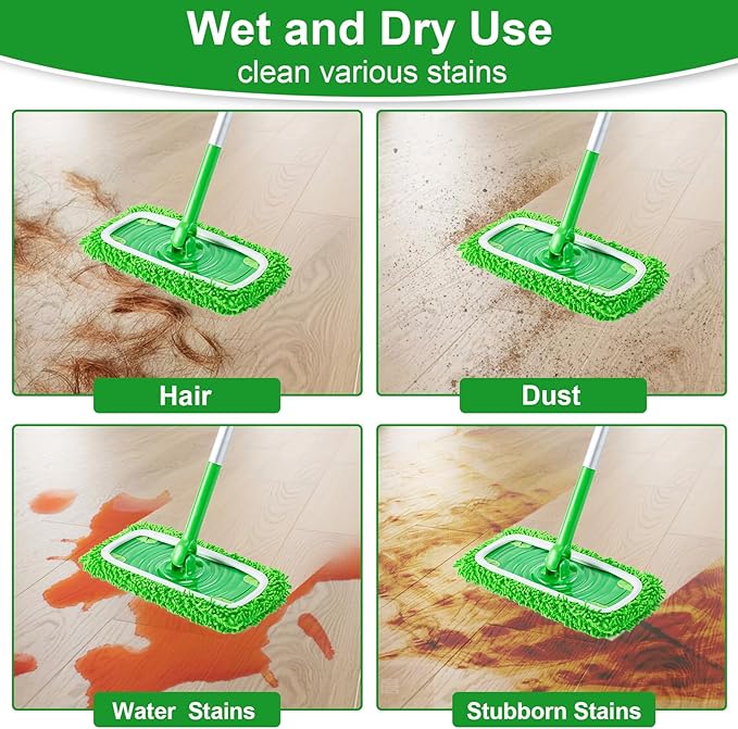 6Pcs Reusable Microfiber Mop Pads Compatible with Swiffer Sweeper Mop, Replacement Dry & Wet Mopping Cloths for Hardwood/Stone Floor Cleaning-Green