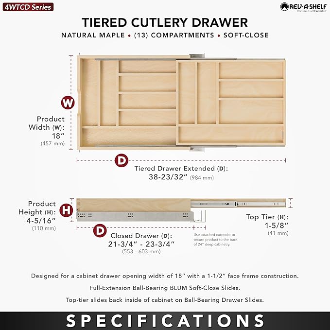 Rev-A-Shelf Two-Tier Kitchen Utensil Drawer Organizer & Pullout Cutlery Tray, Soft-Close Slides, 18" Cabinet Opening, Wood, 4WTCD-21HSC-1