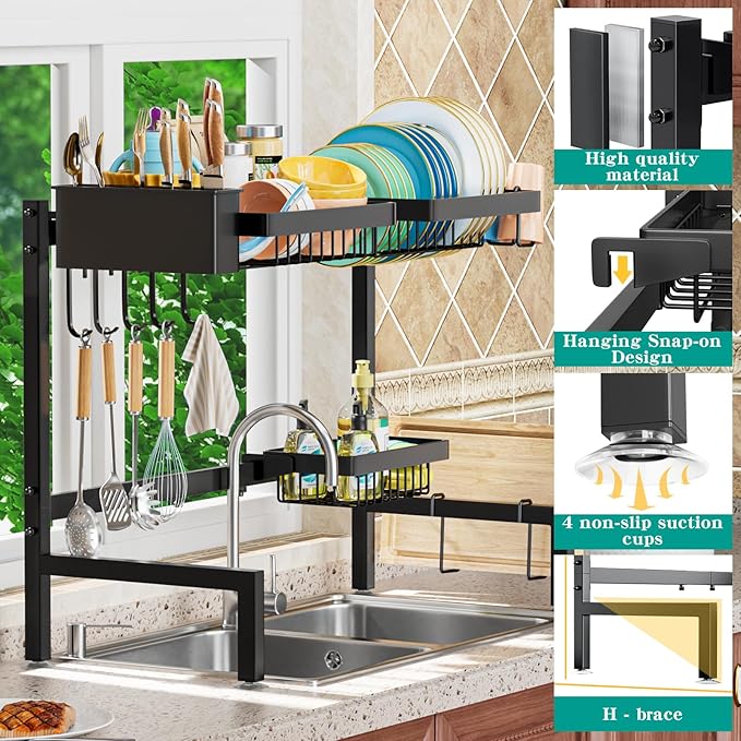 YKLSLH Over The Sink Dish Drying Rack 2 Tiers, for All Sinks (26.57"-35"),Expandable Large Capacity Sink Rack, Metal Drying Rack for Kitchen and Family Use