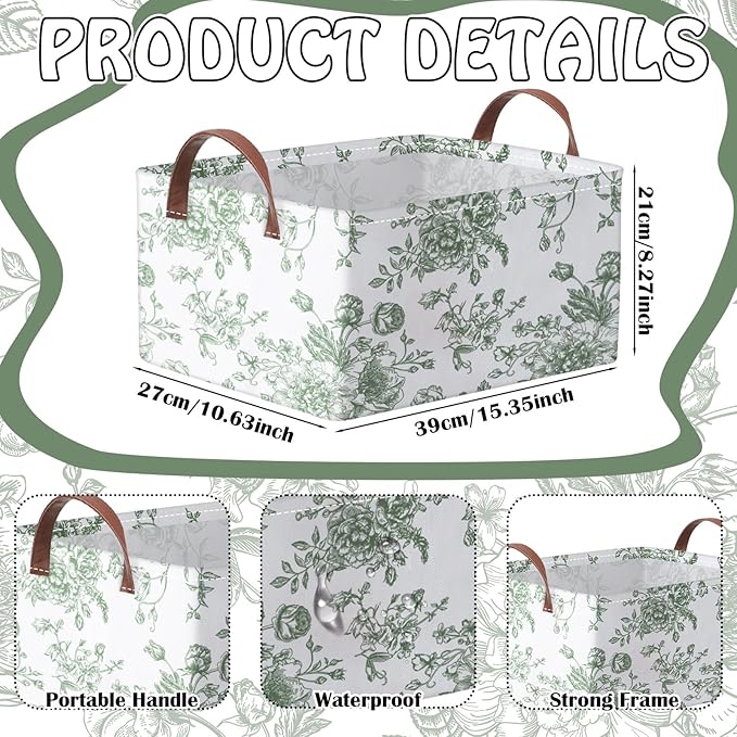 Boao 3 Pcs Sage Green Floral Storage Bin Collapsible Large Storage Baskets for Gifts Canvas Laundry Basket Foldable Box with Handle for Office Home Bedroom Clothes