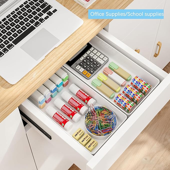 ihomecooker 3 Pack White Large Size Plastic Drawer Organizer Tray Cutlery Utensil Makeups Drawer Organizers 15" X 6"
