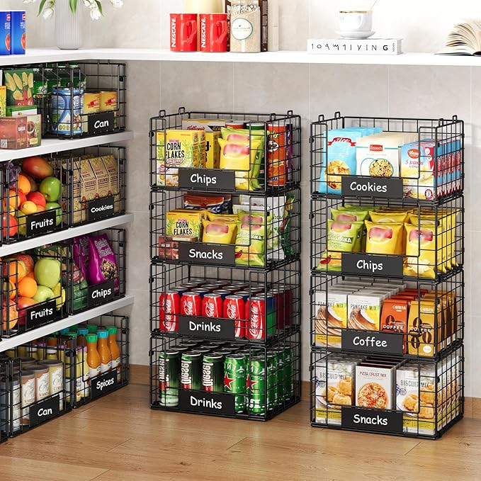 JKsmart Pantry Organizers and Storage, 4 Pack XL Stackable Wire Baskets with NamePlates, Metal Storage Bins for Snack Can Fruit Vegetable Spice